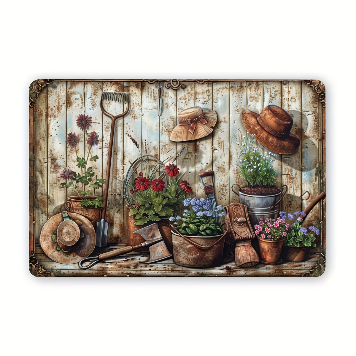 Gardening Tools Vintage - 2D Flat, Vintage Floral Metal Wall
